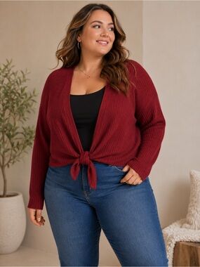 Lane Bryant Burgundy Ribbed Tie Front Cardigan Sweater Plus Size 14/16 Open Knit